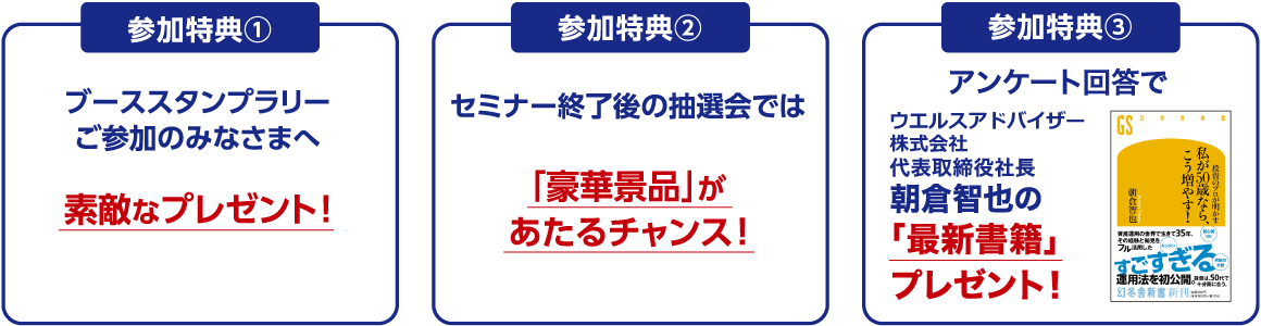 参加特典[1]ご参加のみなさまへ素敵なプレゼント！[2]セミナー終了後の抽選会では、豪華景品があたるチャンス！ [3]アンケート回答でウエルスアドバイザー株式会社代表取締役社長 朝倉智也の最新書籍プレゼント！