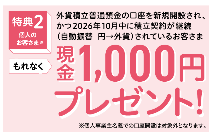 特典2 個人のお客さま(個人事業主名義での口座開設は対象外となります) 外貨積立普通預金の口座を新規開設され、かつ2026年10月中に積立契約が継続(自動振替 円→外貨)されているお客さま もれなく現金1,000円プレゼント!