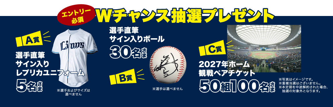 エントリー必須Wチャンス抽選プレゼント A賞選手直筆サイン入りレプリカユニフォーム5名さま※選手及びサイズは選べません B賞選手直筆サイン入りボール30名さま※選手は選べません C賞2027年ホーム感染ペアチケット50組100名さま※写真はイメージです※重複当選はございません※本定期を中途解約された場合、抽選の対象外となります  期間中に「埼玉西武ライオンズ応援定期預金2026」のお預入れ、かつ専用フォームからのエントリーが必須となります