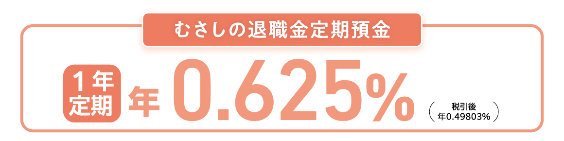 むさしの退職金定期預金:1年もの店頭表示金利に +年0.225%(税引後 年0.17929%)