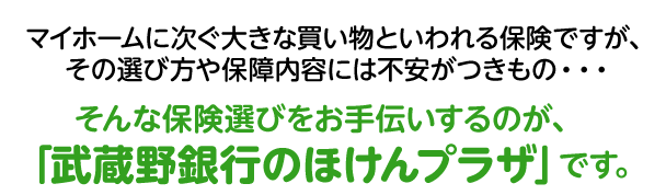 マイホームに次ぐ大きな買い物といわれる保険ですが、その選び方や保障内容には不安がつきもの・・・ そんな保険選びをお手伝いするのが、「武蔵野銀行のほけんプラザ」です。